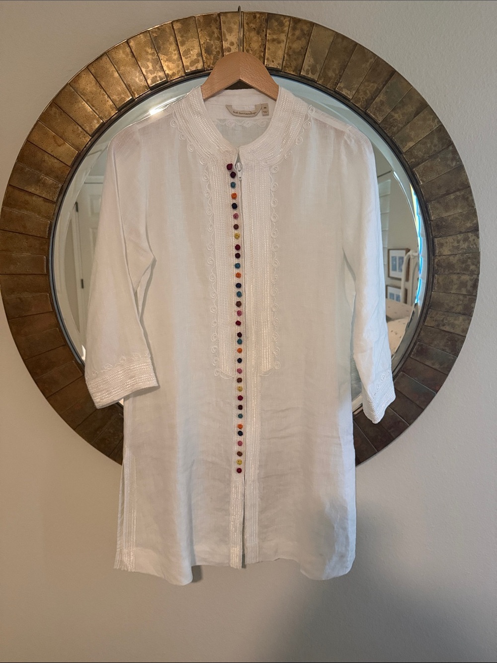 Soft Surroundings Linen White Tunic with Multicolor Button Trim